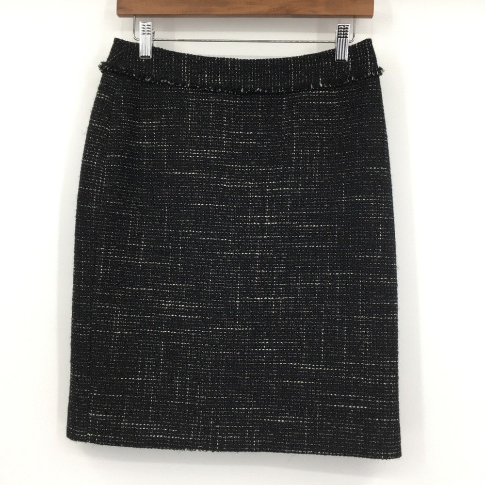 Ann Taylor Petite Skirt Womens 2P Black White Tweed Wool Blend Pencil Fringe